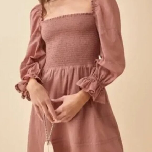 Reformation Dunes Smocked Long Sleeve Mini Dress Pink Size 10 - Picture 1 of 3